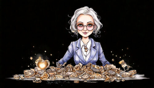 A clerk sitting at a desk with gold trinkets