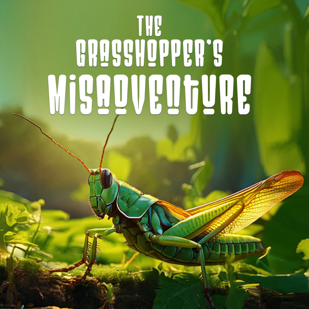 The grasshopper's misadventure title page with a green grasshopper sitting on the ground.