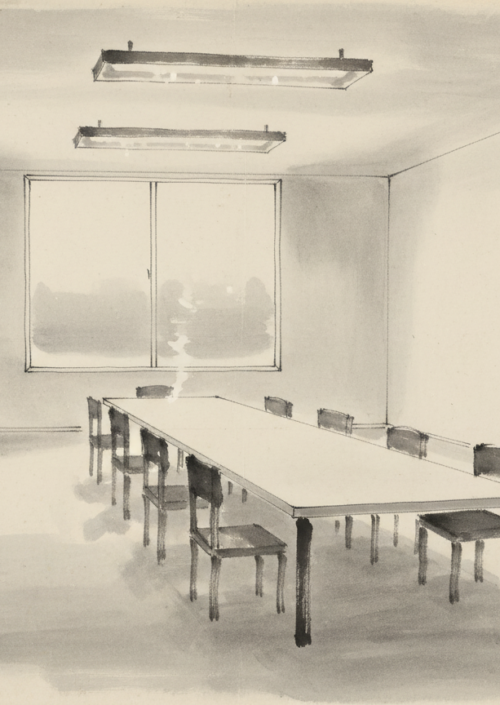 Ink wash black and white decorative image of a conference room