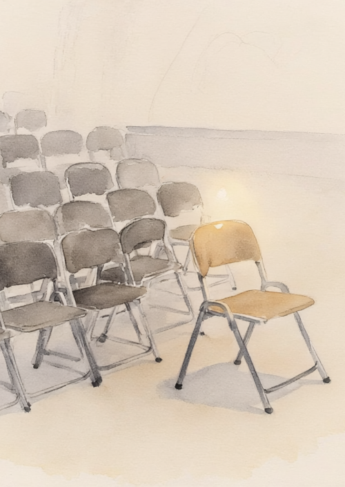 The Chair That's Yours_Ink wash, gestural, ivory ground. A row of folding chairs in a 579091