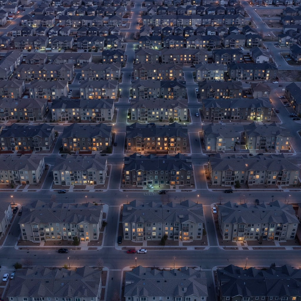 Aerial view of a Colorado Springs neighborhood at dusk &mdash; rows of identical rooftops