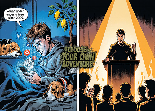 The Sound Effect "THWACK. KRAKOW. APPROVED." Local government is louder than you think. You just can't hear it from the couch. Full comic book action page — but every dramatic sound effect is bureaucratic. A gavel coming down: "APPROVED." Someone circling a budget line: "KRAKOW." A water pipe getting approved for repair: "THWUMP." A planning vote: "VOOOOM." The art is pure comic energy — speed lines, impact starbursts, dramatic angles — but every action is completely mundane. A person at a microphone during public comment, rendered mid-punch in a fight scene: "REMARK." Final panel wide shot: the meeting room in the aftermath. Chairs slightly askew. Agendas on the table. Caption: "It was a routine session." Mood Same energy as a Marvel splash page. None of the same ingredients.