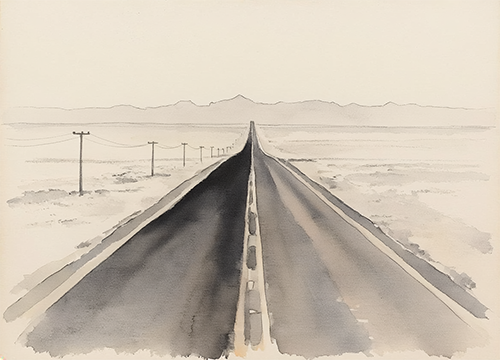 Ink wash, monochrome, ivory ground. A long straight highway cutting through flat land 477862