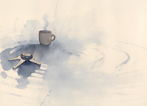 The record already exists-_Ink wash, cool tones, pale blue-gray ground. A close-up of a phone on a table with ripples affecting the environment around.