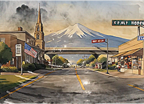 PART ONE IMAGE — The Brochure "Everything That Looks Fine From the Outside" Tagline: The brochure is accurate as far as it goes. A diptych — two images side by side, same physical location, completely different information. LEFT: A Colorado Springs street in full golden hour. Manicured lawn. American flag hung with precision. A megachurch steeple in the soft background. A FOR RENT sign on a tidy storefront. Everything photographed the way a city would photograph itself for a tourism campaign — warm, orderly, functional. Pikes Peak perfectly placed in the upper right corner like it was hired for the shot. RIGHT: The exact same street. Same buildings. Same mountain. But the camera has stepped back six inches and tilted down slightly — and now you can see the I-25 overpass at the edge of the frame, the transient motel sign that was just out of crop in the first image, the cash-only parking lot, the strip of commercial businesses that don't quite have names you'd recognize. The mountain is still there. The street is still real. The frame just got honest. No people in either image. No faces. Just architecture and geography telling two different true stories about the same place. Mood: This is not an accusation of the city. It's a description of what framing does. The same place can be both things. The question is which one you're looking at.